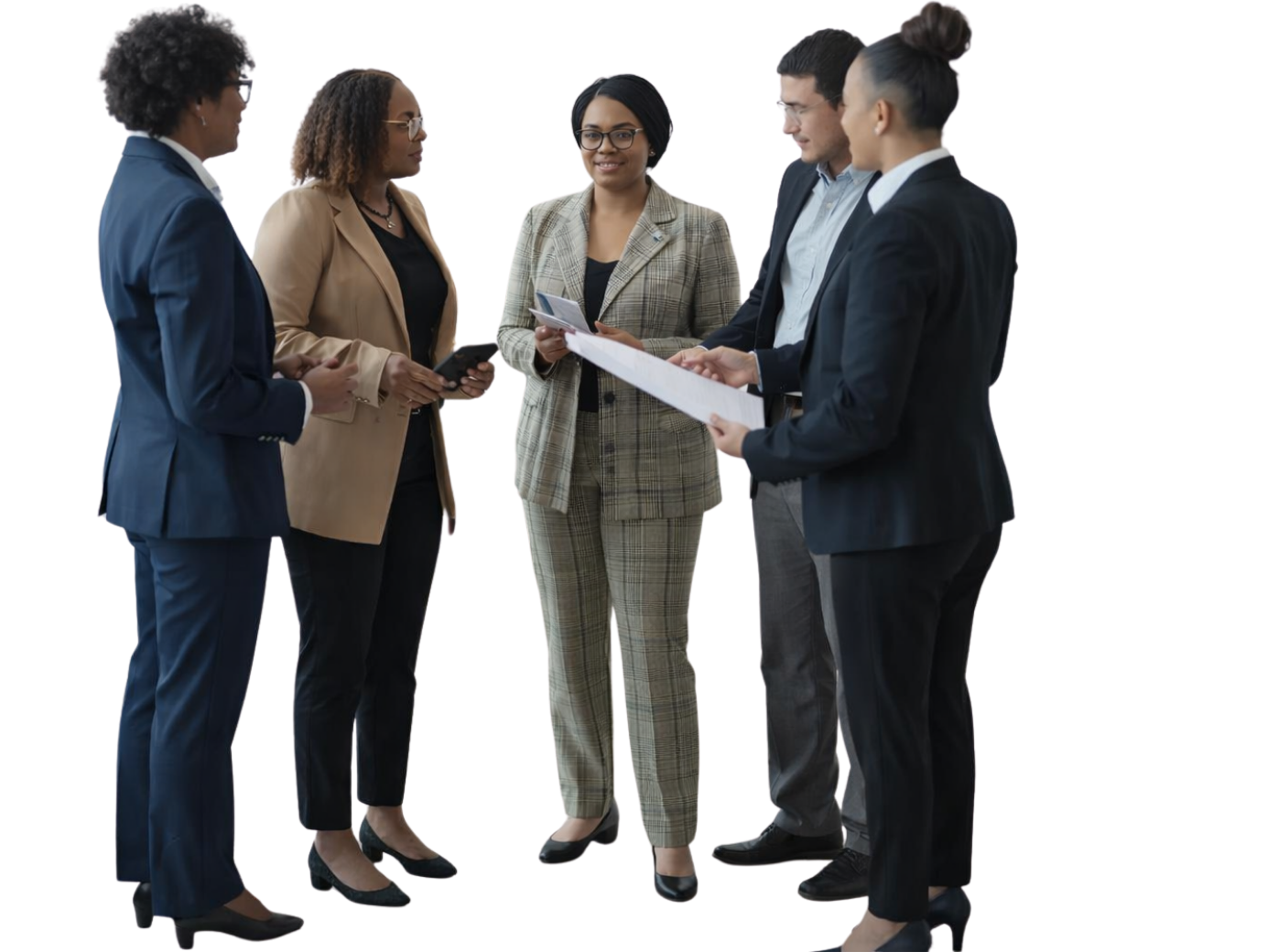 Three women in business attire are closely examining a tablet together